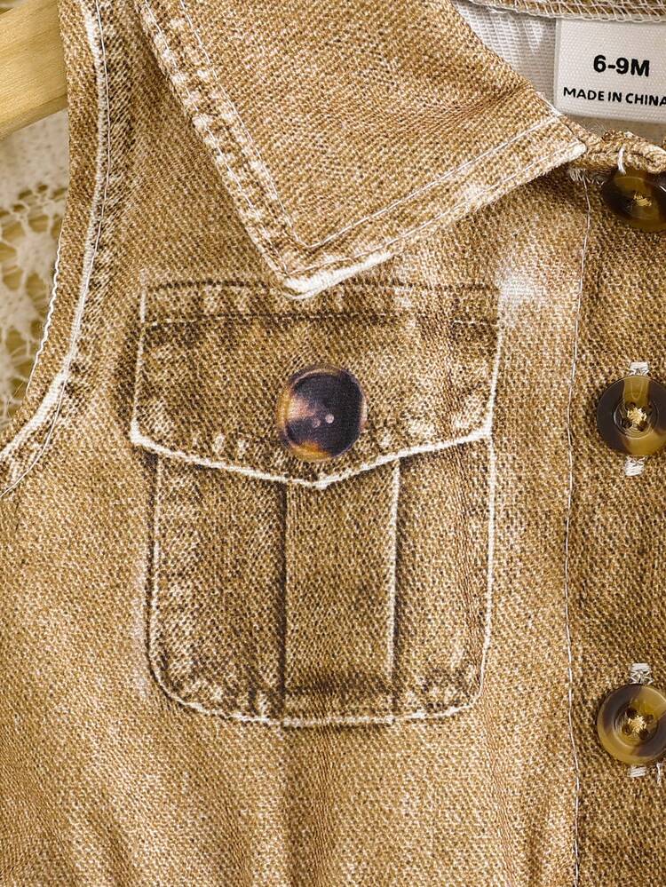 SHEIN 1 Peça Vestido Casual de Verão Retrô Azul Claro para Meninas Bebê, Estampa de Denim com Desenho de Animal Fofo, Decote com Lapela e Botões, Sem Mangas, Bolsos Falsos, Versátil e na Moda, Novidade de Verão - Caramelo - Visão 5