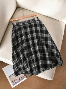 CosyJoli Chân váy dáng chữ A dài đến đầu gối, kiểu vintage kẻ caro màu cà phê, cỡ lớn, phong cách thường ngày. - Đen và trắng - Xem 5