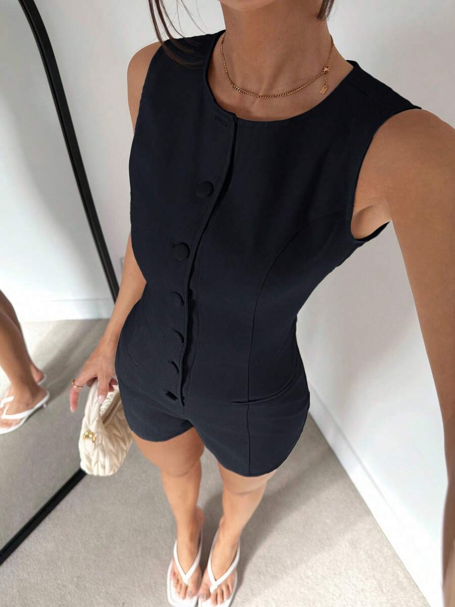 Siren Gaze Women's Casual Solid Color Sleeveless Jumpsuit, Suitable For Commuting, Summer - Navy Blue - View 1