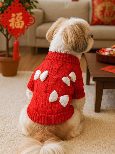 PETSIN 一件猫狗通用毛衣，红色新年宠物毛衣，适合秋冬季节穿着，精美立体蝴蝶结装饰。