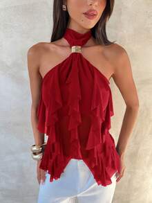 Aloruh Women's Elegant Multi-Layer Ruffle Trim Stand Collar Fitted Tank Top - Red - View 5