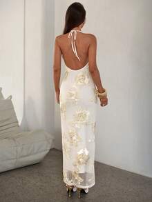 Aloruh 女士杏色刺绣露背吊带连衣裙，春夏款 - 杏色 - 查看 2