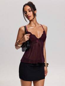 SHEIN BAE Spring/Summer Women's Casual Commuter Everyday Lace Mesh Cami Top Perfect For Beach Vacations And Leisure Outings Spaghetti-Strap Top Valentine's Day Top - Violet Purple - View 3