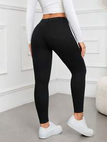 SHEIN PETITE 女士休闲修身纯色日常牛仔裤 - 黑色 - 查看 2