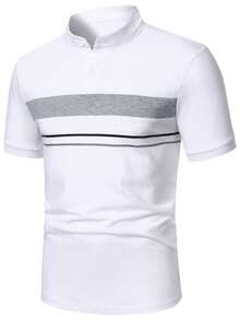 Manfinity Mode 男士经典立领休闲Polo衫，男士T领T恤，男士夏季服装，男士高尔夫球衫，男士短袖T恤，适合周末旅行、户外活动、探险旅行、轻松的工作环境或半正式场合，可作为男友/丈夫礼物、周年纪念/生日礼物、派对、暑假、新年、婚礼、情人节等场合穿着。 - 白色 - 查看 3