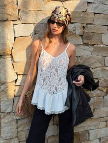 Breezaya Elegant White Floral Lace Patchwork Semi-Sheer Camisole Top For Women,Summer Tea Party Boho Mesh Tank Top,Loose Babydoll Lace Trim Top - White - View 5