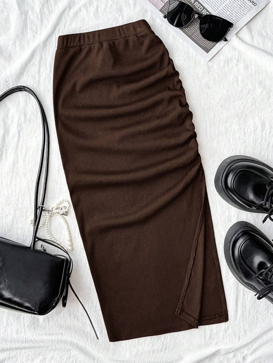 Tween Girl High Waist Pleated Slit Hem Ribbed Knit Skirt - Brown - View 1