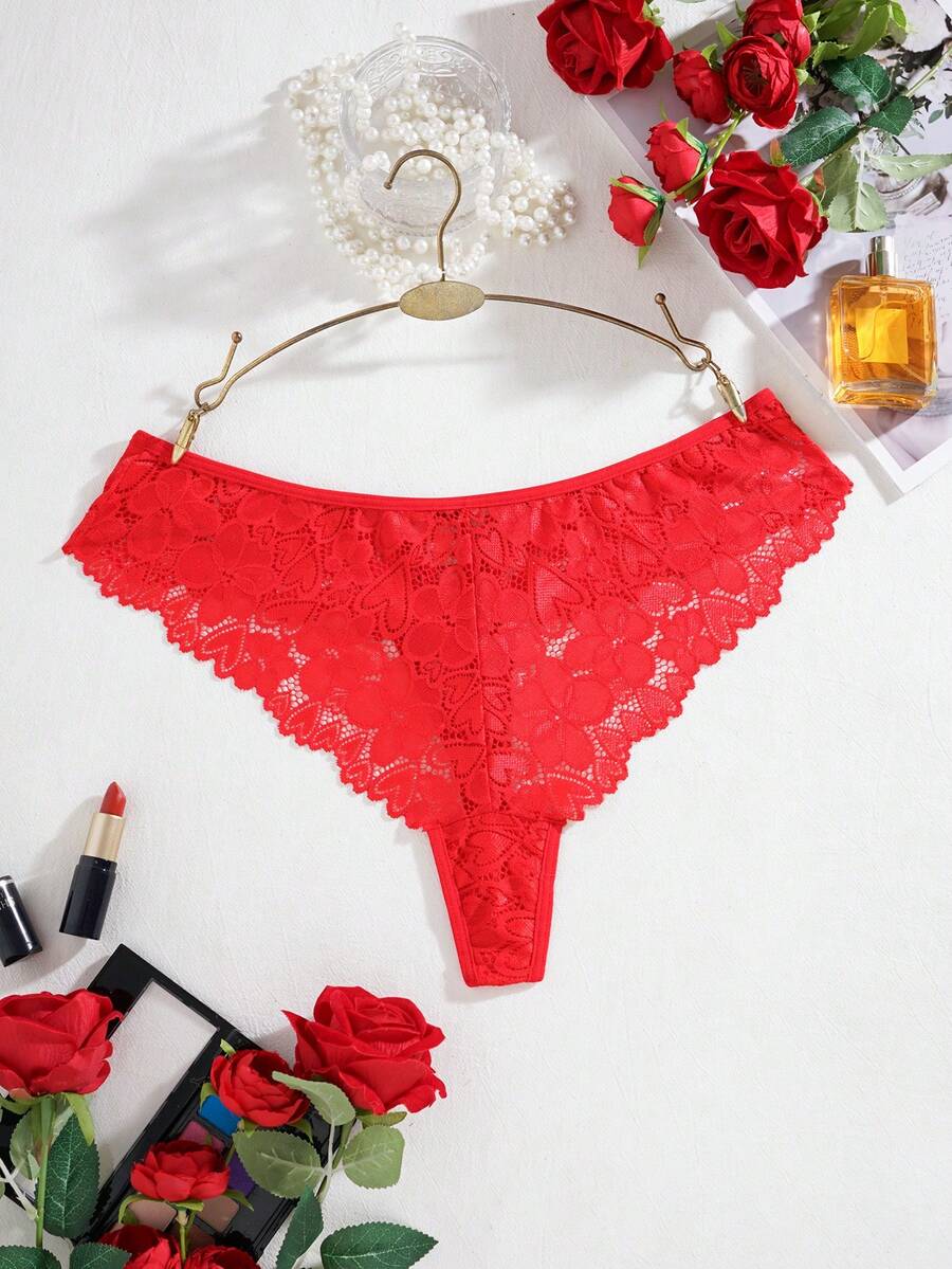 SHEIN Women's Plus Size Lace Back Strap Panties - Red - View 1