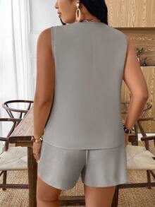 Weeklong 大码女式单排扣背心和短裤休闲两件套 - 灰色 - 查看 2