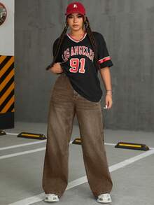 SHEIN ICON 大码女式时尚休闲宽松牛仔阔腿裤 - 咖啡棕 - 查看 4