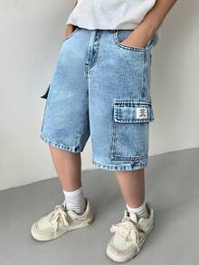 SHEIN Little Byeori Tween Boy Fashion Y2k Vintage Street Patch Details Blue Denim Loose Shorts For Summer,Streetwear,School,Back-To-School,Casual Pocket Design Dailywear - Blue - View 7