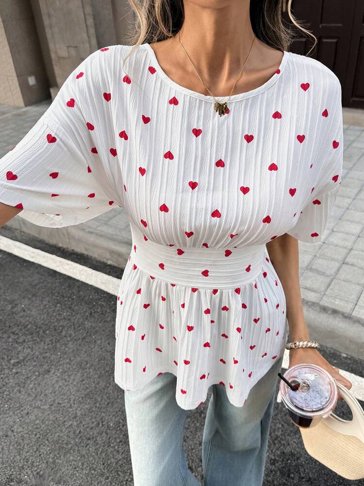 Pariaura Women's Red Heart Pattern Back Tie Waist Shirt, Valentine's Day Shirt, Holiday Shirt Open Back Shirt Tie Back Top Blouse Summer Heart Print Top - White - View 2