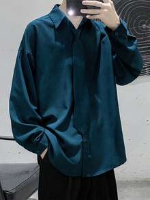 Claim Dot 宽松男士纯色落肩衬衫（不含领带） - 綠色 - 查看 4