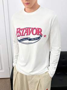 ESTAVOR 男士休闲印花圆领长袖T恤 - 白色 - 查看 2