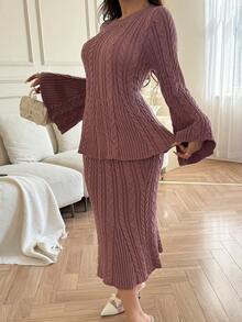 Modelyn Conjunto de 2 piezas de suéter de manga de campana de unicolor casual y falda de punto para mujer, otoño/invierno - Rosa - Ver 6