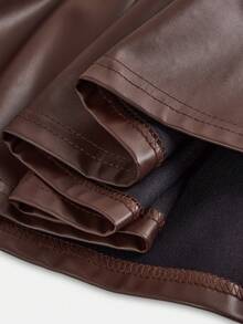 SHEIN Tween Girl Casual High-Waisted Versatile Solid Color Pleated Short PU Skirt - Brown - View 4