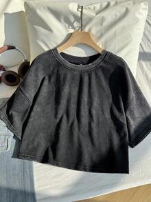 Comfortcana Plus Size Short Sleeve Washed Cotton T-Shirt, Spring Crop Tops - Black - View 5
