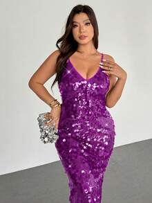 Firerie 大码亮片刺绣女士舞会礼服，吊带深V领长款连衣裙，优雅露背鱼尾晚礼服，超长正式舞会礼服，婚礼宾客礼服，优雅百搭，适合通勤、约会、派对、婚礼季、毕业典礼、舞会、演出、音乐会、工作场合、返校季、年会、女士生日礼服 - 紫色 - 查看 4