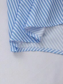 Franclia 休闲优雅宽松系领拼接荷叶边下摆大码女式衬衫 - 藍色 - 查看 6