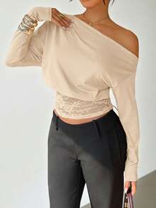 Women's Lace Patchwork Oblique Shoulder Long Sleeve T-Shirt, Autumn/Winter Spring - Apricot - View 7