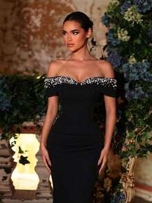 Glamrae 优雅黑色高弹针织极简露肩奢华手工串珠高腰修身美人鱼尾拖尾正式礼服，适合所有正式场合，正式晚礼服 - 黑色 - 查看 2