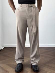 Manfinity Homme Men's Loose Relaxed Fit Adjustable Waist Straight Leg Pants, Versatile For Casual, Commute, And Home Wear Beige Pants For Men - Grey - View 4