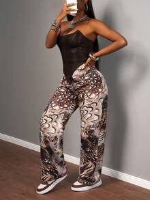 Slaydiva 2025秋冬新款街头休闲修身酒红色纹理PU抹胸背心+高腰阔腿印花裤女两件套，适合锐舞派对、生日、万圣节、聚会、圣诞节、早午餐、返校季等场合。 - 棕色 - 查看 4