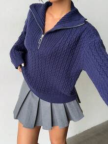 SHEIN MOOSTA Women's Navy Blue Cable Knit Sweater, Fashionable Casual Versatile Commuter Loose Fit Long Sleeve Pullover, Autumn/Winter - Blue - View 6