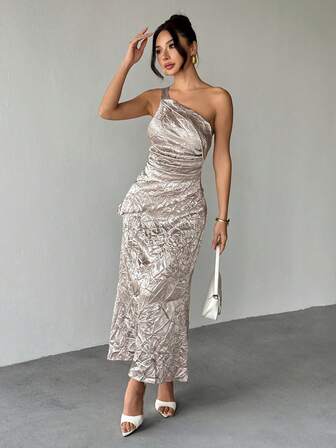 Almamuse Women's Fashion Metallic Satin Crinkle Texture Asymmetric Design Top + Metallic Satin Crinkle Texture Mini Skirt 2 Pieces Set