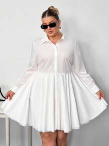 Truni 大码纯色前开襟休闲百搭长袖连衣裙/秋冬 - 白色 - 查看 10