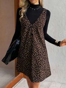 Elyressa 女士针织打底T恤和豹纹灯芯绒无袖连衣裙，法式休闲日常通勤时尚优雅复古百搭商务圣诞新年假日黑色长袖T恤和豹纹连衣裙两件套，秋冬 - 彩色 - 查看 5