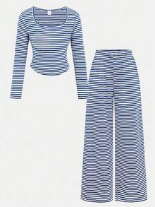 SHEIN 青少年女孩藍白條紋圓領長袖T恤與長褲休閒套裝 - 藍白色 - 查看 3