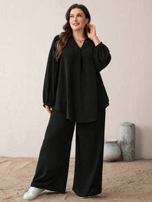 SHEIN Essnce Plus Size Casual Black Woven Fabric Pants Suit Set For Women Long Sleeve Tunic And Long Pants Co-Ord - Black - View 4