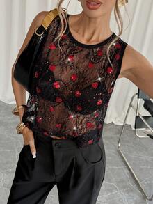 Siren Gaze Women's Sequin Heart Lace Round Neck Loose Fashion Camisole See Through Top Sequin Top Lacey Top Sheer Top - Black - View 6