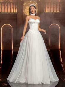 Glamrae 极简白色缎面撞色网纱露肩花瓣荷叶边束身胸衣，修身鱼尾裙摆连衣裙，女士婚纱，正式场合礼服 - 白色 - 查看 5