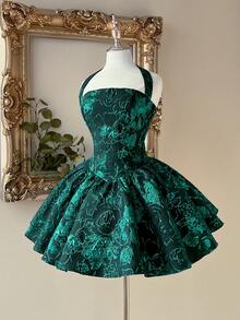 Lovelzi 优雅浪漫的酒红色提花面料露背吊带长袖A字连衣裙，适合毕业典礼、学校开学典礼、音乐节、生日派对、婚礼、下午茶聚会、舞会等场合。 - 墨綠色 - 查看 5