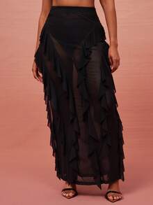 Vixey Falda midi ajustada de cintura alta con detalle de volantes de malla transparente - Negro - Ver 2