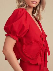 WESTFADE Kurzarm Top mit Bindung und Herz-Taschen - Rot - Übersicht 5