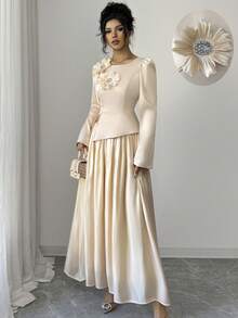 Modelyn Apricot 3D Floral Jacquard Top + Glossy Fabric Skirt 2 Pieces Set - Apricot - View 7