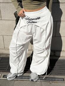 Muchica Pantalones anchos casuales de talla grande para mujer con cintura elástica, estampado de letras y parches, versátiles para vacaciones y viajes - Blanco - Ver 3