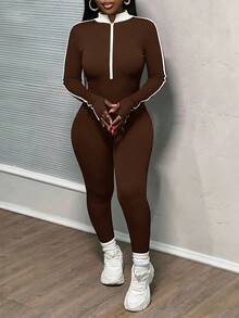 Slaydiva Bộ áo liền quần nữ cỡ lớn cổ đứng, khóa kéo, cài khuy nửa thân, thích hợp mặc hàng ngày. - màu nâu - Xem 7