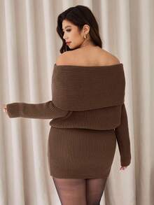 Auralis Plus Size Women's Chocolate Brown Elegant Off Shoulder Knitted Dress,Autumn Long Sleeve Sweater Dresses,Solid Color Knit Date Night Two Piece Set - Brown - View 2