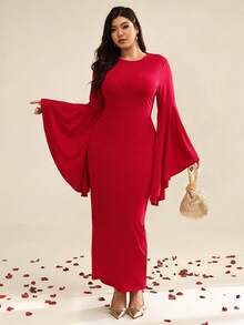 Auralis Đầm dài tay dáng ôm, cổ tròn, tay bồng rộng, co giãn, dành cho nữ, thích hợp cho mùa xuân, hè, thu, đông, thanh lịch, thường ngày, kiểu dáng mới, phù hợp cho kỳ nghỉ. - Đỏ - Xem 4