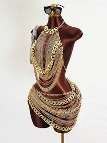 Mistrie Women's Sexy See-Through Chain Rhinestone 2 Pieces Set, Autumn/Winter - Gold - View 5