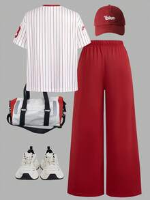 SHEIN ChillGRL 2 件套青少年女孩休闲时尚数字图案 V 领短袖上衣和阔腿运动裤套装 - 彩色 - 查看 2