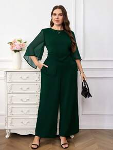 Reflora 大码纯色简约圆领长袖上衣和裤子两件套 - 綠色 - 查看 6