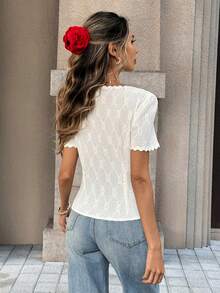 Pariaura Women's Textured Wavy Trim Cinched Waist Short Sleeve T-Shirt - Beige - View 2