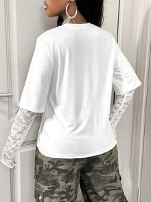 BamGleam 二合一蕾丝袖拼接白色T恤，时尚透视长袖宽松休闲上衣 - 白色 - 查看 2