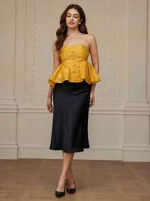 BELROSIE Women's Sleeveless Top With Floral Jacquard Pattern, Cute & Sweet Girly Style, Pearl Button Decor, Ruffle Hem - Yellow - View 2