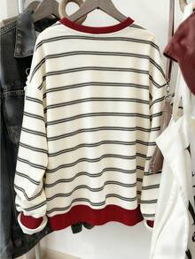 Resyla Áo nỉ chui đầu họa tiết sọc cổ điển dành cho nữ, áo dài tay thoải mái khi đi làm, sinh viên, mặc hàng ngày - Nhiều màu - Xem 2